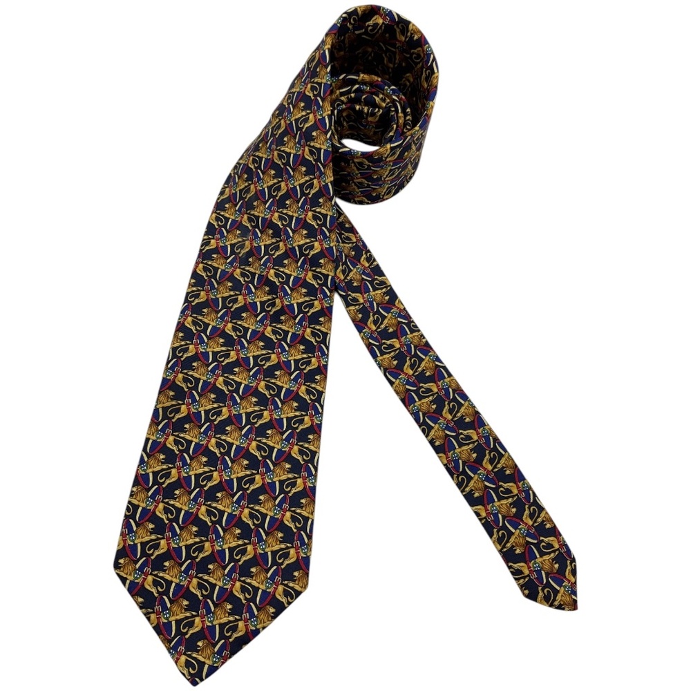 BROOKS BROTHERS Navy/Gold/Red Jumping Lion Belt Silk DESIGNER Tie USA